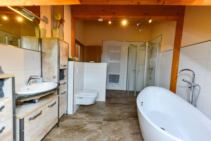 Gesamtansicht des Badezimmers mit Dusche und Wanne