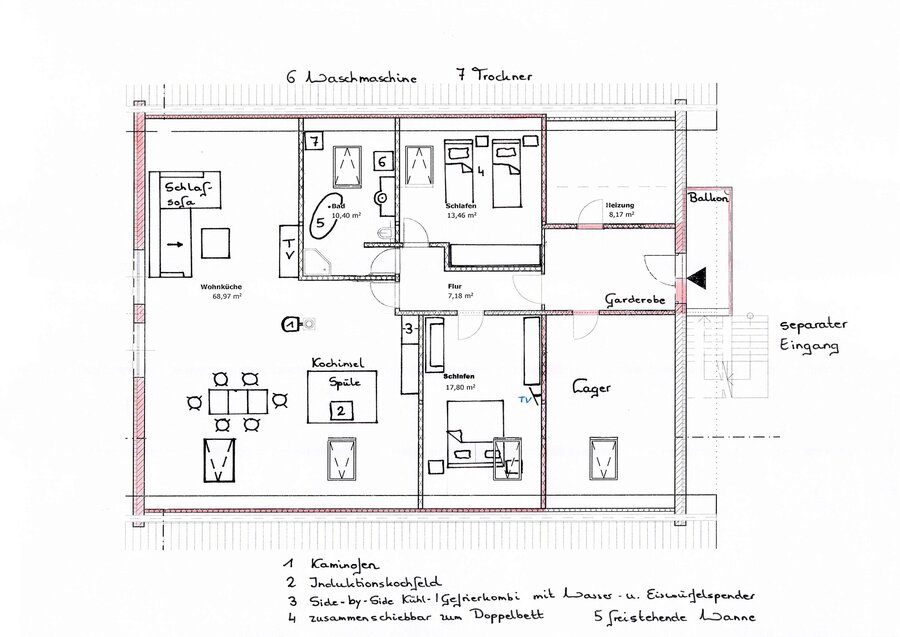 Grundriss der Ferienwohnung mit Wohnküche, zwei Schlafzimmern, Bad und Sonnenterrasse
